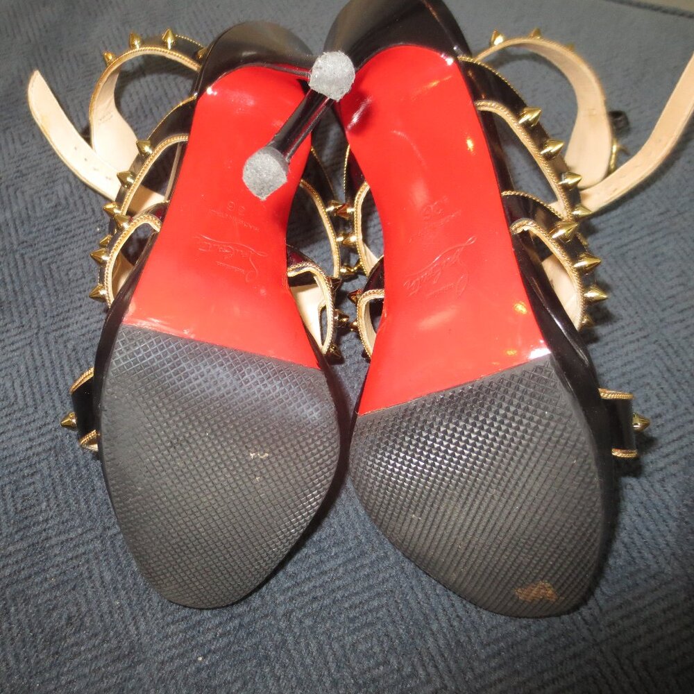 CHRISTIAN LOUBOUTIN Black and Gold Stud and Chain High Heel Sandals - Picture 9 of 9